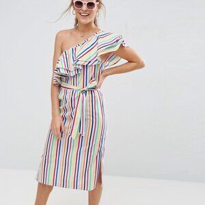 SOLD ASOS One Shoulder Ruffle Dress in Bright Stripe